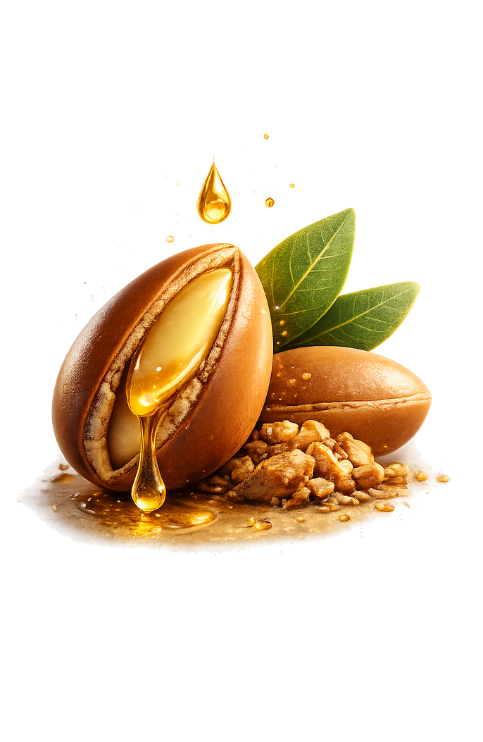 Graine d'argan avec goutte d'huile dorée