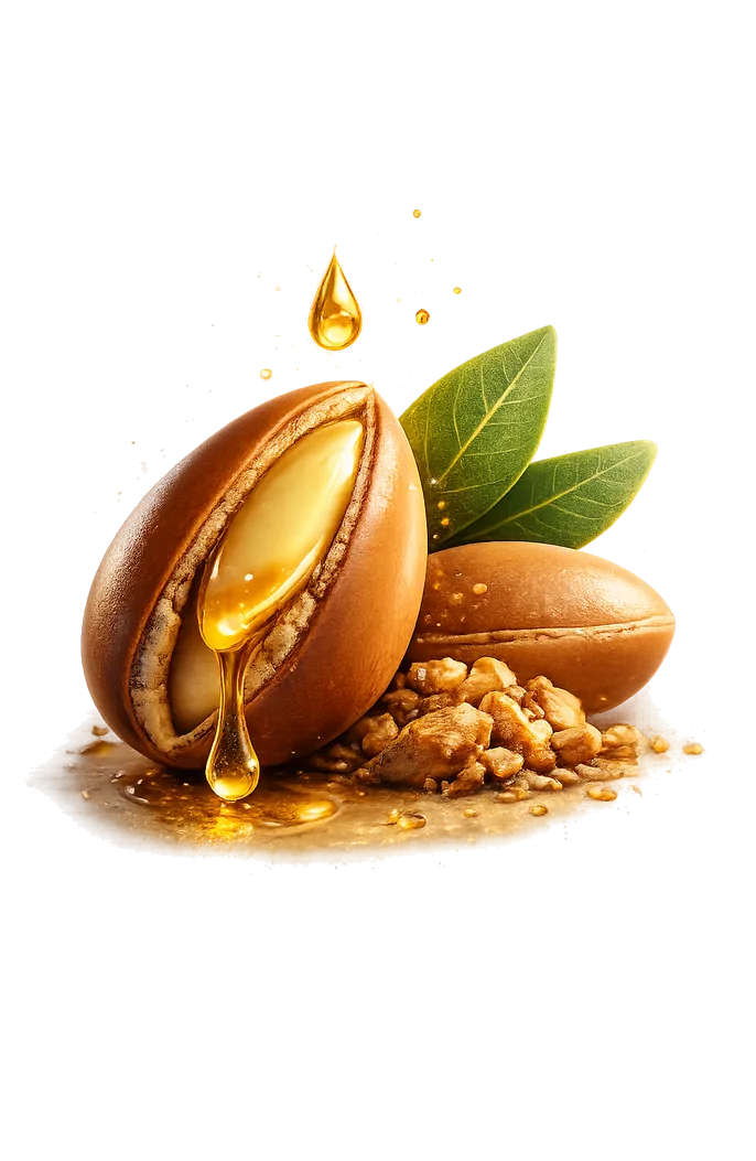 Graine d'argan avec goutte d'huile dorée