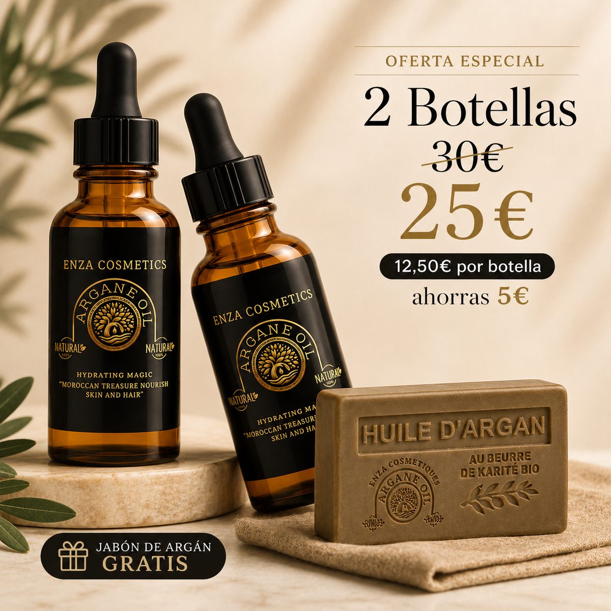 Pack de 2 botellas de aceite de argán Enza Cosmetics con jabón de argán de regalo
