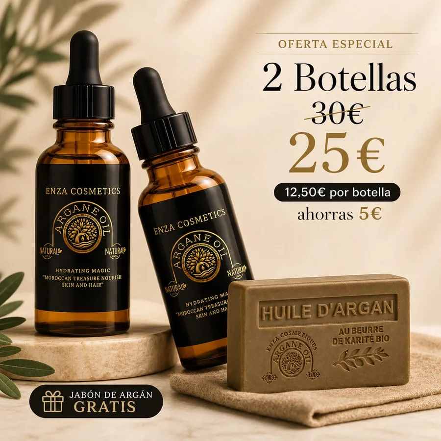 Oferta 2 botellas de aceite de argán Enza Cosmetics por 25€ con jabón de argán al karité de regalo, sobre podio de mármol con hojas de olivo