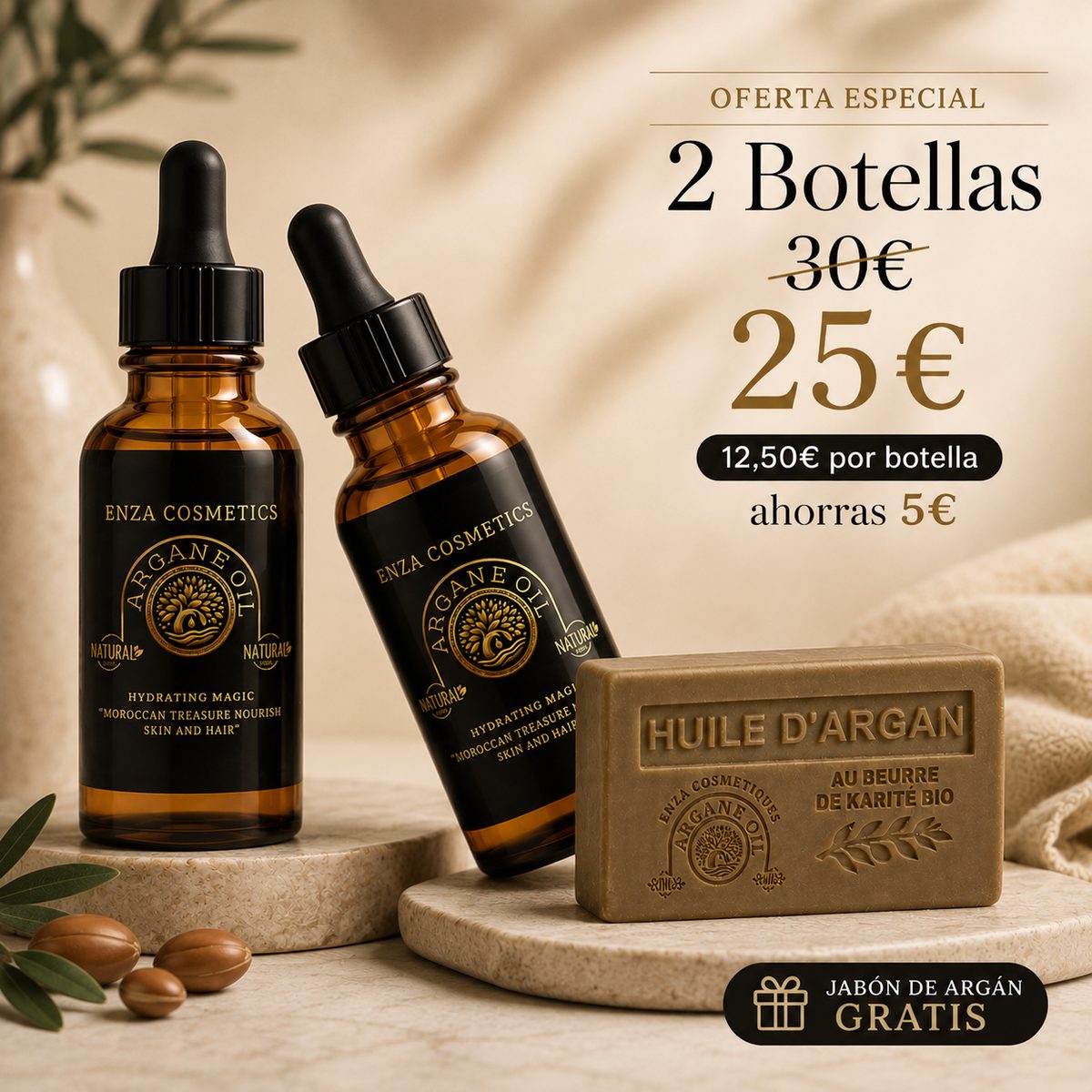 Pack de 2 botellas de aceite de argán Enza Cosmetics con jabón de argán de regalo
