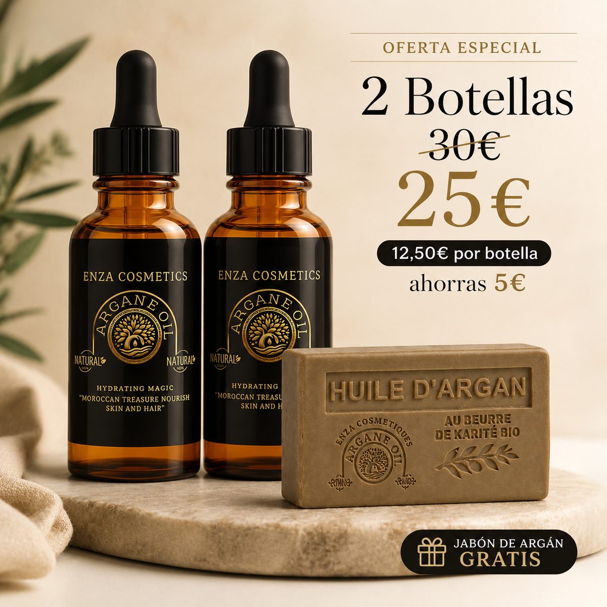 Pack de 2 botellas de aceite de argán Enza Cosmetics con jabón de argán de regalo